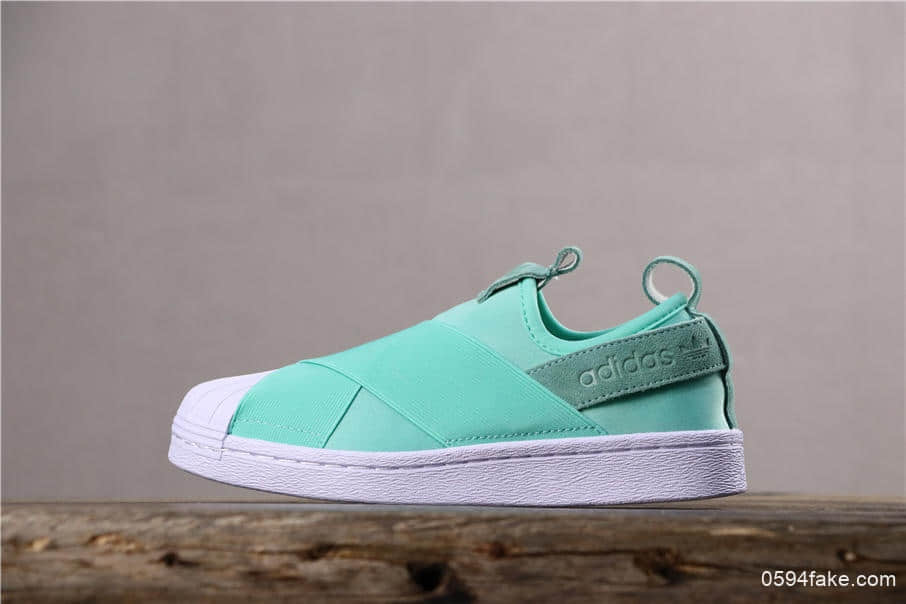 阿迪达斯Adidas SUPERSTAR SLIP ON W S贝壳头公司级交叉绑带薄荷绿白山联名款 货号：S76407