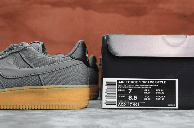Nike Air Force 1'07 LV8 style灰色 耐克空军一号公司级头层灰色帆布板鞋 货号：AQ0117-001