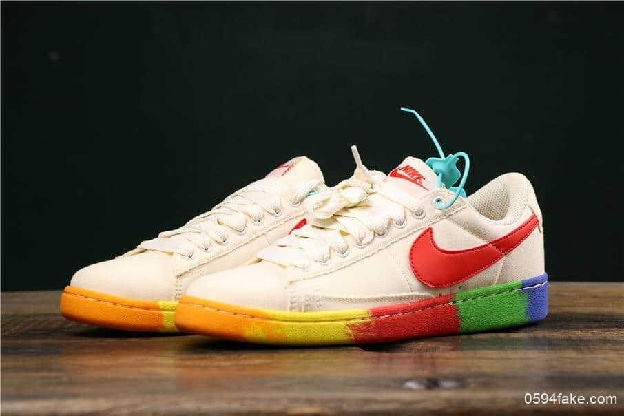 耐克Nike Blazer Bruin Low QS彩虹底米白纯原版本内置Zoom气垫低帮开拓者休闲板鞋 货号:AA1057-106