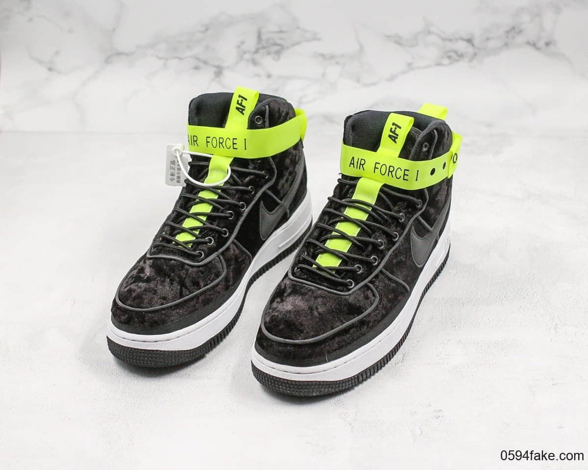 耐克Magic Stick x Nike Air Force 1 High空军一号联名款经典高帮板鞋丝绒黑荧光绿3M真标带半码原楦头纸板 货号：573967-003