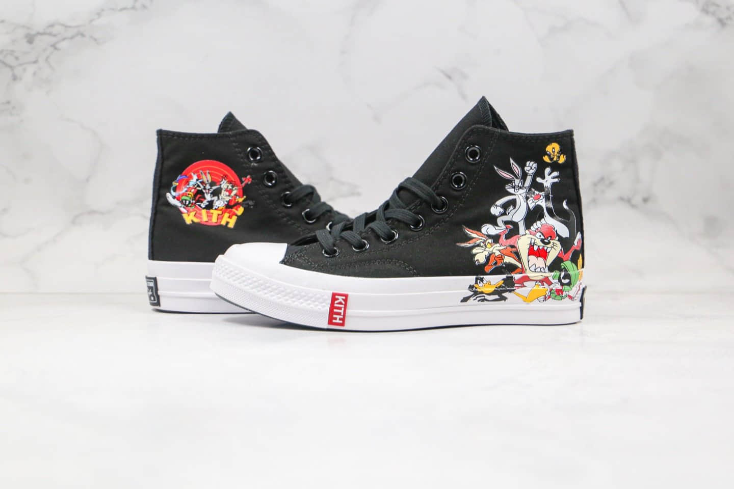 匡威Converse Chuck 1970 x KITH联名款公司级版本高帮兔八哥黑白卡通涂鸦兔斯基鲁尼配色帆布鞋原盒原标 货号:169083C