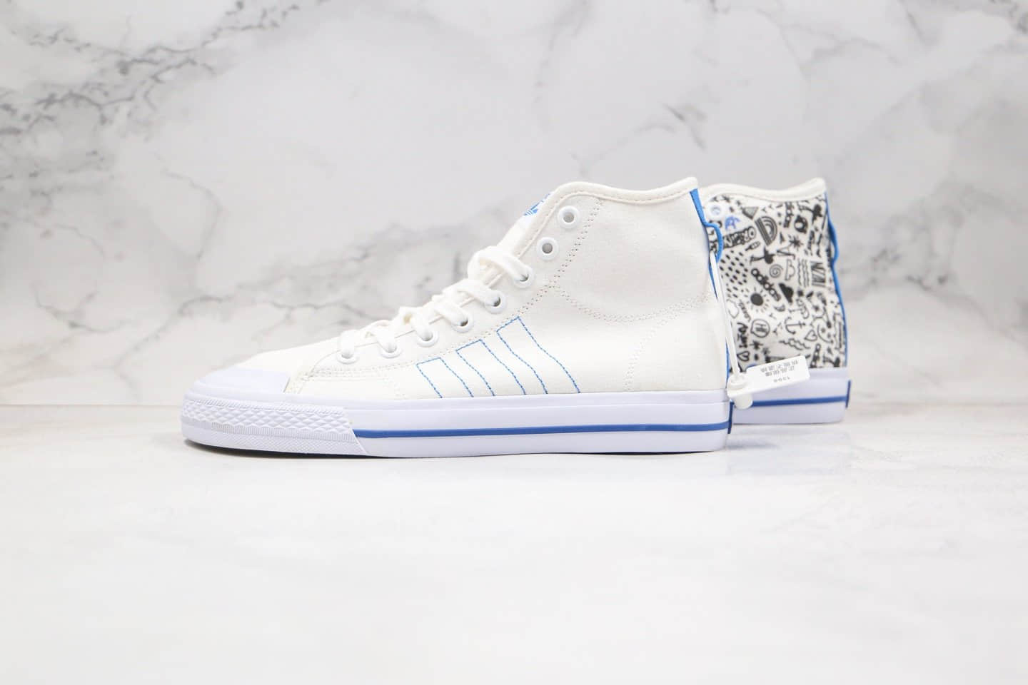阿迪达斯Adidas Nizza HI RF纯原版本高帮白蓝色涂鸦不对称设计NIZZA帆布鞋原档案数据开发 货号:FY3092