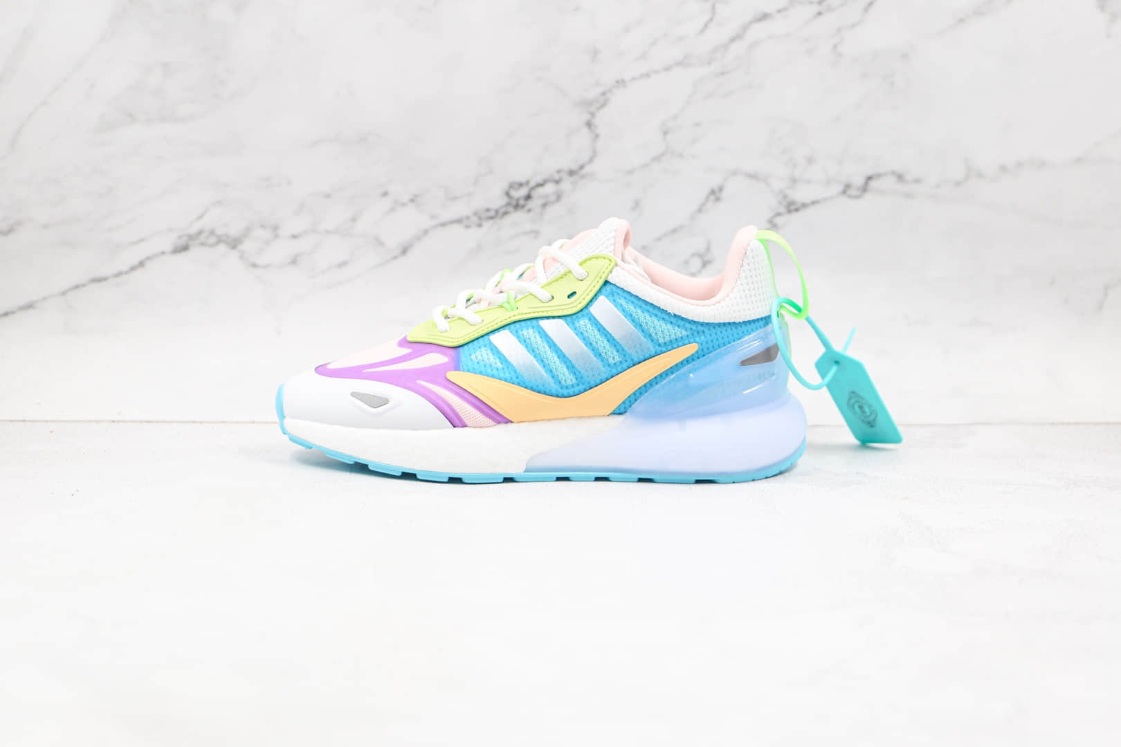 阿迪达斯Adidas Originals ZX 2K Boost 2.0纯原版本三叶草ZX 2K白蓝粉黄绿色彩色拼接爆米花跑鞋原档案数据开发 货号：GZ7502