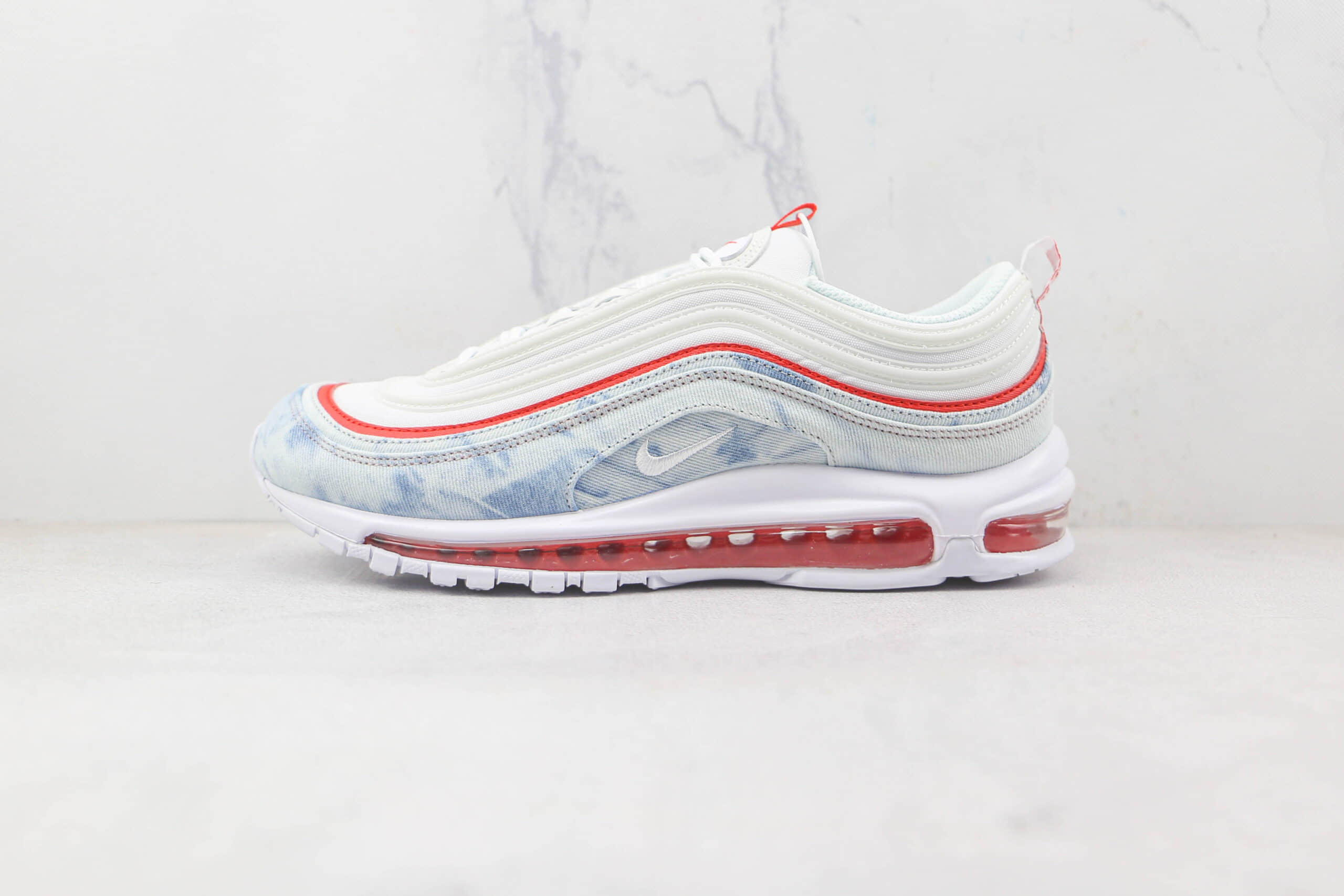 耐克NIKE Air Max 97纯原版本复古丹宁牛仔白红色Max97气垫鞋原楦头纸板打造 货号：DV2180-900