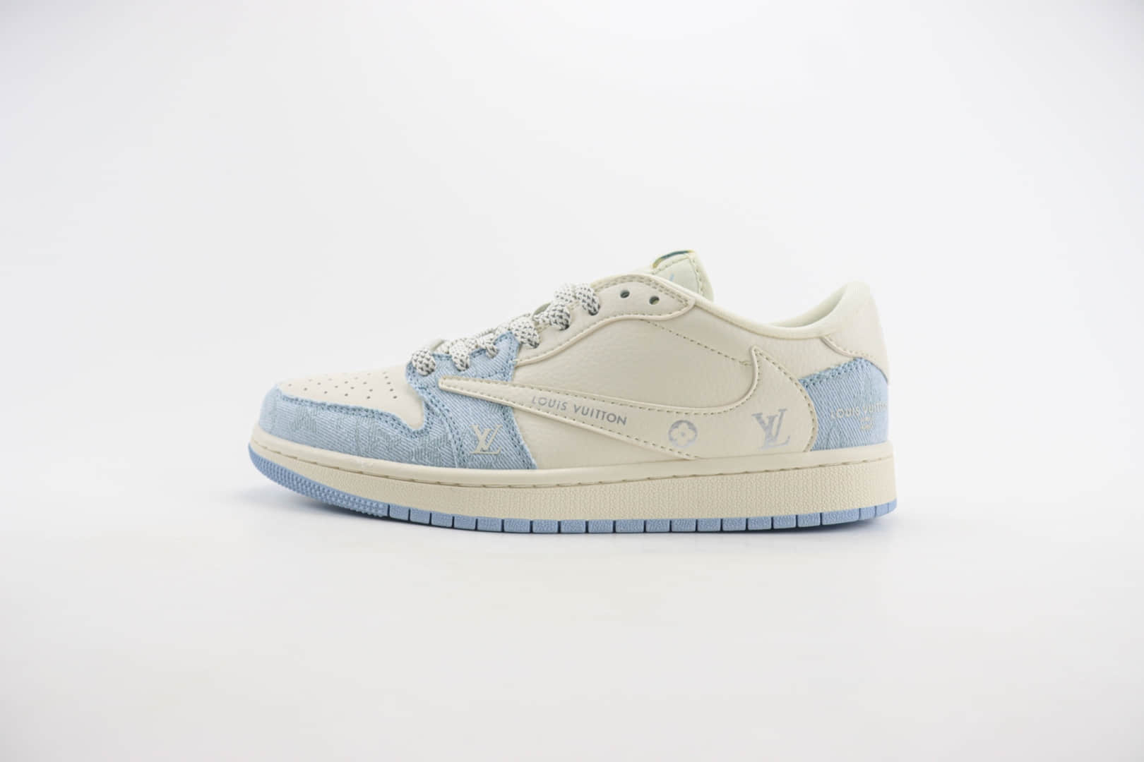 乔丹Louis Vuitton x Air Jordan 1 Low纯原版本倒钩AJ1联名LV米白牛仔蓝板鞋 莆田天花板AJ1 货号：LJ5188-003