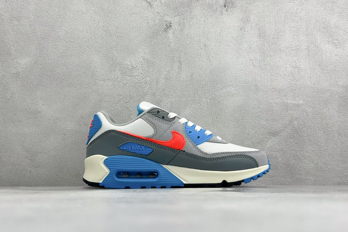 耐克 Nike Air Max 90 复古气垫跑鞋 白蓝红 侧面实拍图